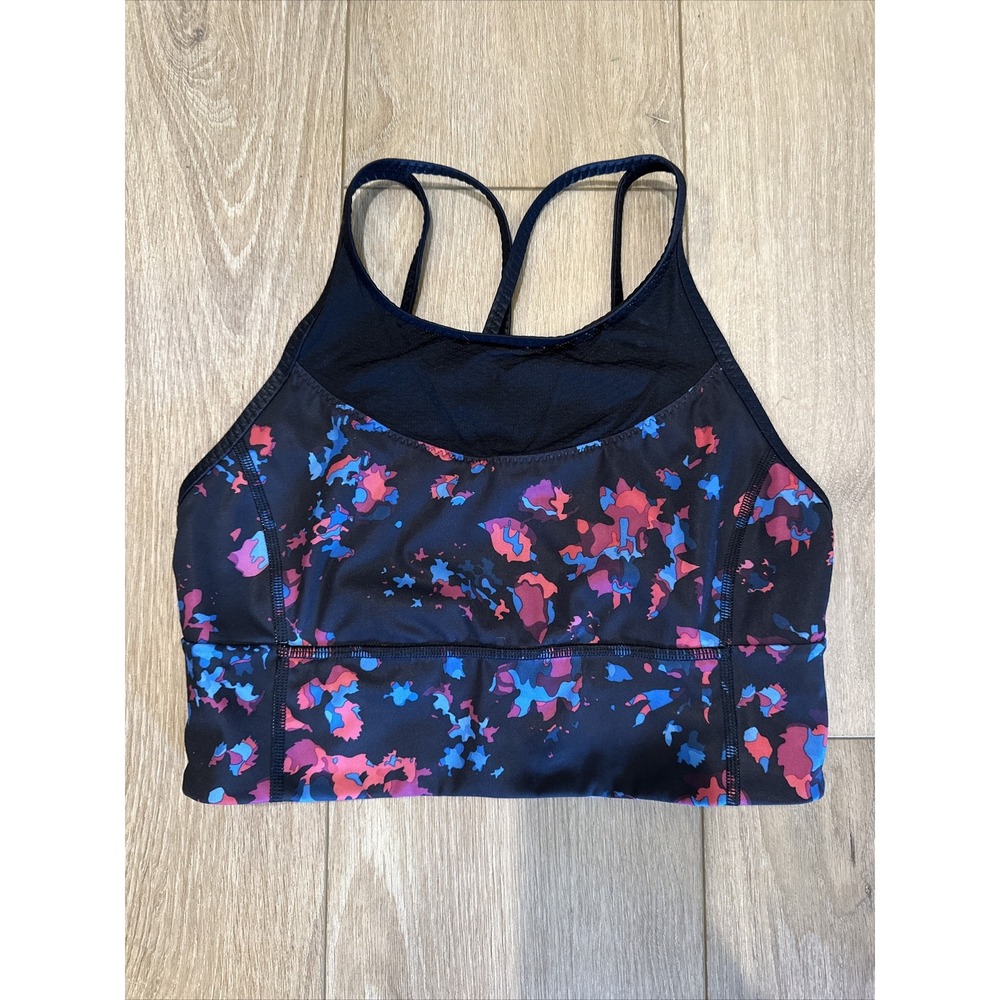 Lululemon Women Black Floral Mesh Panel Sports Bra Criss Cross Straps